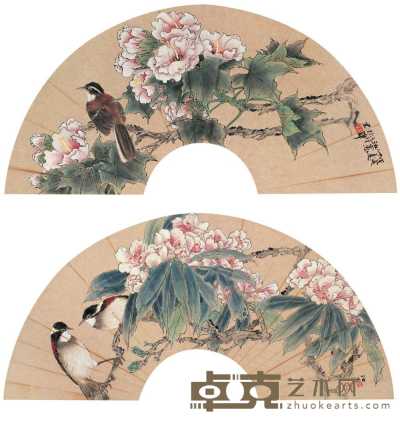 郭汝愚 1998年作 花鸟扇面 扇面 18.5×53cm×2